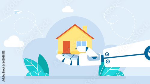 Robot Hand protects the house. The robot holds a house in the palm of its hand. Artificial Intelligence technologies at work in construction. The house is protected. Flat illustration