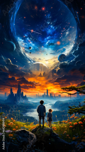 Man and little girl looking at fantasy landscape.