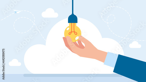 A hand screws an electric light bulb into the lampshade. Concept of new idea, enlightenment. Man screws in light bulb in the chandelier. Connect lightbulb for light indoors. Flat illustration.	
 photo