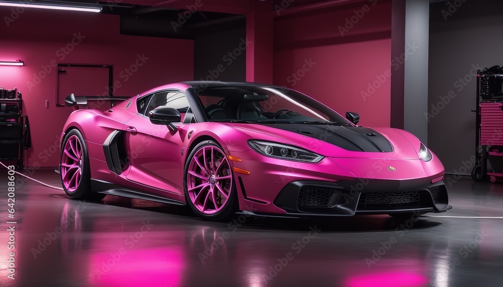 Pink sports car in a house car garage Pink sports car in a house car garage