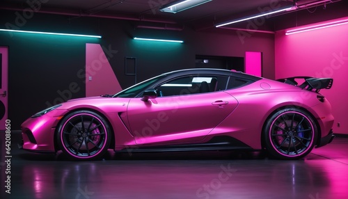 Luxury pink modern sports car vehicle, Expensive sports car in small vehicle garage © Jeffrey
