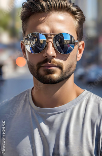 Portrait of a handsome man wearing elegant white shirt and sunglasses, standing in the street in the morning