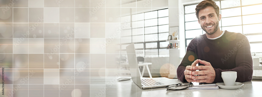 © Chanelle Malambo/peopleimages.com - Mockup banner, portrait and professional happy man, web designer and working on online website design. Grid, advertising space and business worker smile for SEO project, development or startup agency © Chanelle Malambo/peopleimages.com - Mockup banner, portrait and professional happy man, web designer and working on online website design. Grid, advertising space and business worker smile for SEO project, development or startup agency