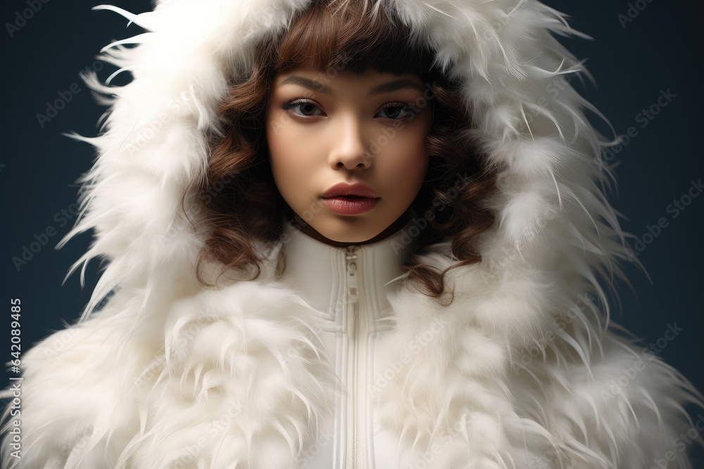 Beautiful woman wears the mystical aura and wears a shimmering white latex fur.