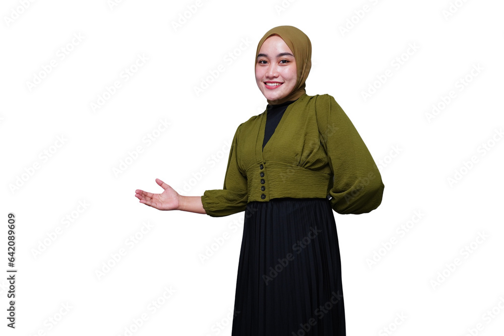 Beautiful asian hijab woman showing welcome gesture
Beautiful asian hijab woman showing welcome gesture