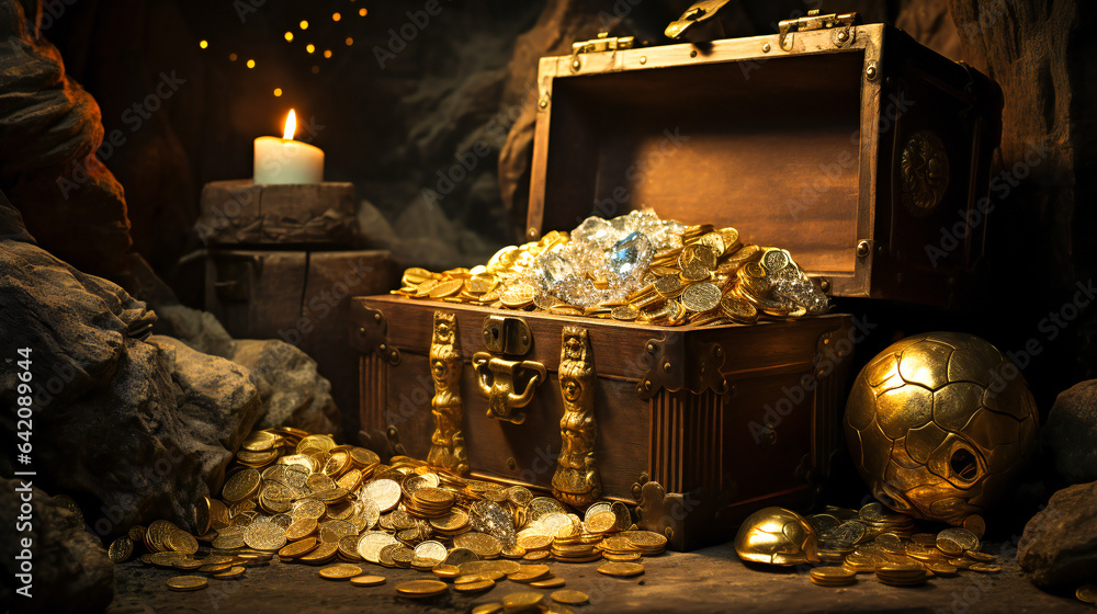 Old wooden treasure chest with gold coins and gems in a hidden cave ...