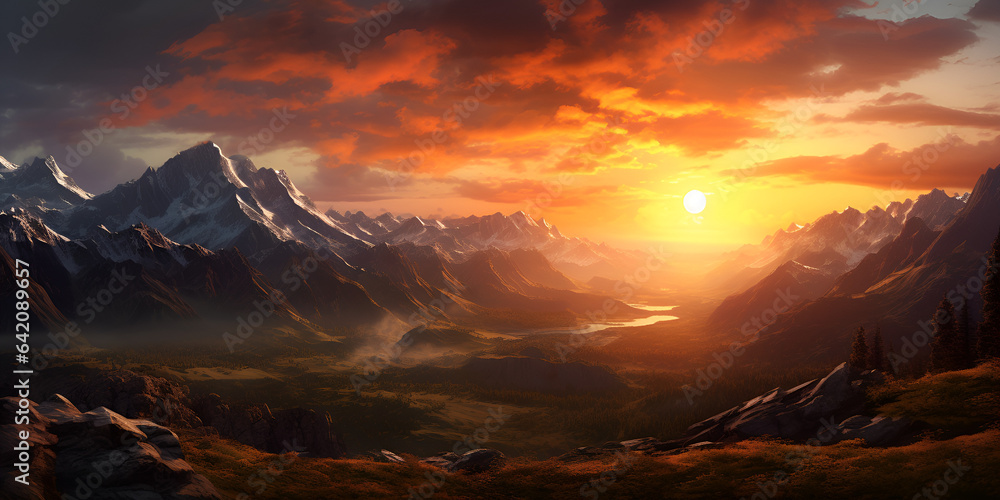 Sunset over the mountain valley Red sunset over a high snowy mountains,A mountain landscape with a sunset 
