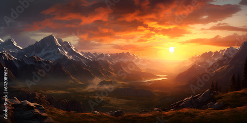 Sunset over the mountain valley Red sunset over a high snowy mountains A mountain landscape with a sunset 