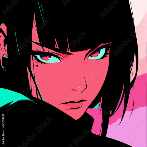 Dark-haired angry cool anime woman with short haircut. Retro comic book style vector illustration.