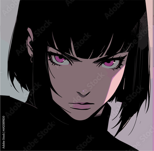Pop art comic frame with dark-haired anime woman.