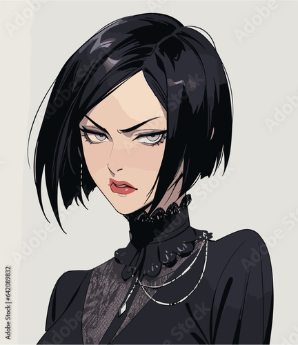 Pop art comic frame with dark-haired anime woman.