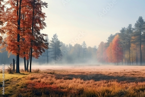 A cloudy day with autumn trees in the background, mist, autumn colored landscape