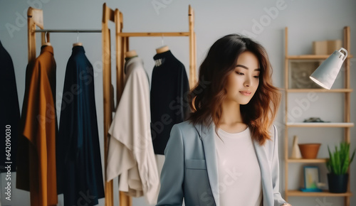 Female stylist Successful Fashion Business, Beautiful Asian young woman in office of fashion designer.