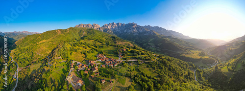 Aerial view of the Spanish village of Mogrovejo at sunrise 
