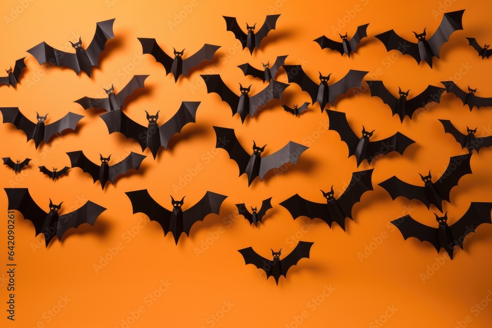 Obraz premium black paper bats fly on orange background