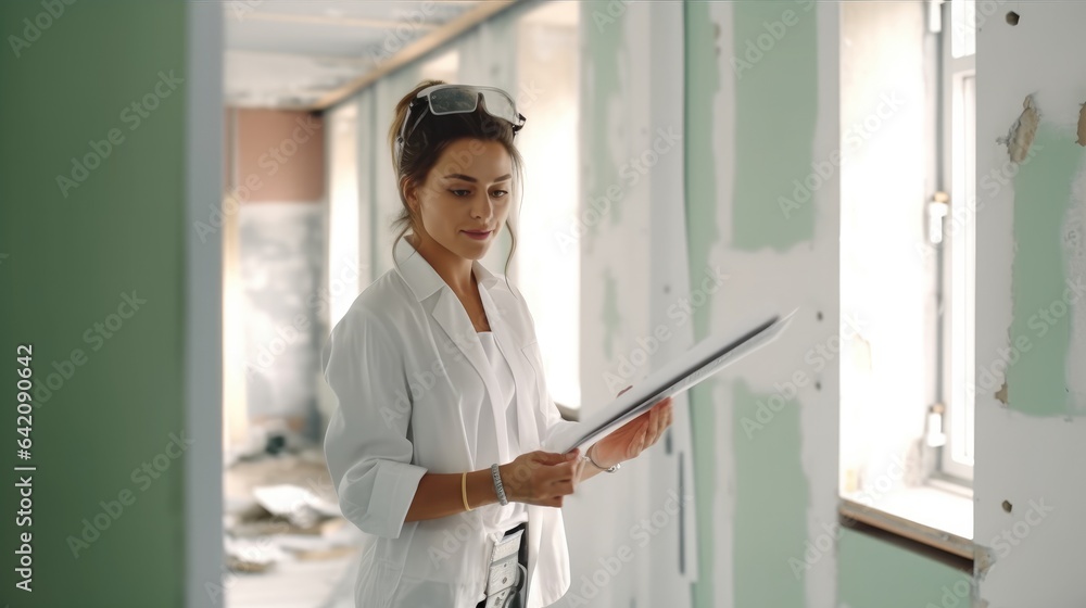 Designer women inspecting construction site in new home, checks supervision design project concept. Designer women inspecting construction site in new home, checks supervision design project concept.