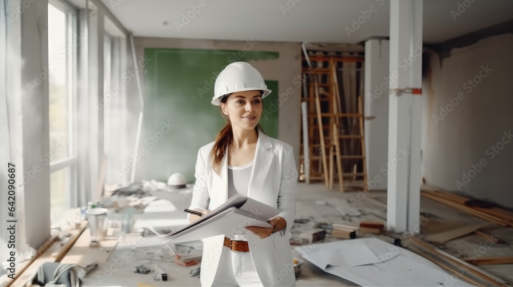 Designer women inspecting construction site in new home, checks supervision design project concept. Designer women inspecting construction site in new home, checks supervision design project concept.