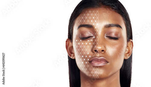 Woman, face and skincare science with overlay on mockup space in hygiene, dermatology or cosmetics. Futuristic person, model and scientific technology in cosmetology, beauty makeup or facial genetics