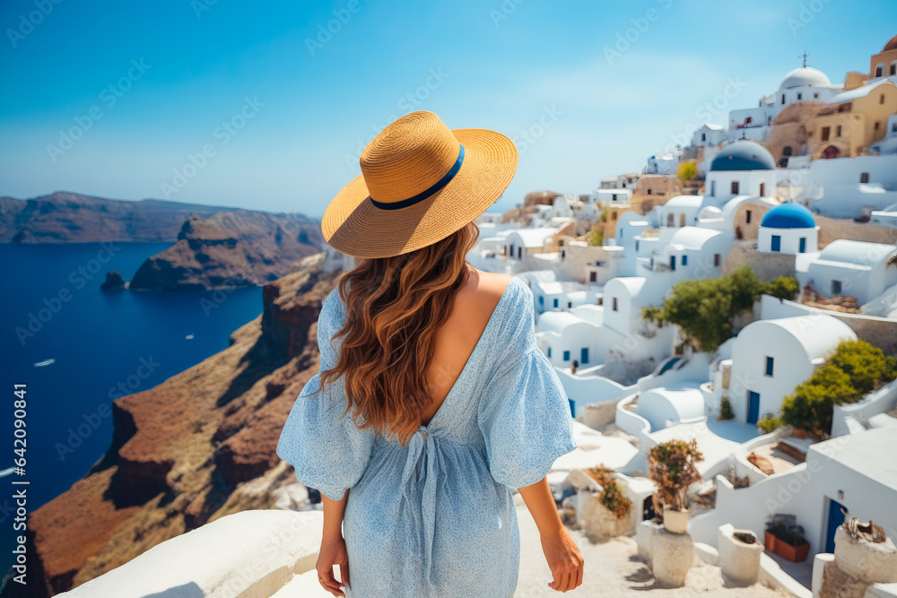 Woman in blue dress and hat looks out over the white village of oia.