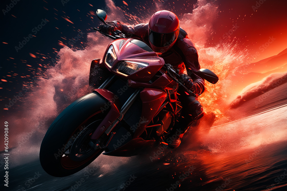 Man riding motorcycle on dark road with red background.