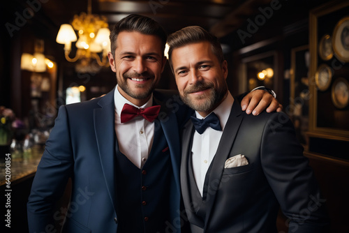Two men in tuxedos posing for picture together in restaurant.