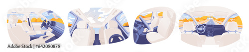 Set of vector illustrations car interior, car inside. Empty car interior modern design. Interior elements - passenger seats, steering wheel. Сar windshield with fall landscape. Traveling by car.