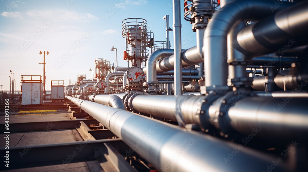 Industrial petrochemical transport system, gas and oil processing pipeline, factory turbine line, heat chemical petroleum rack, steel pipe equipment. Generative AI Industrial petrochemical transport system, gas and oil processing pipeline, factory turbine line, heat chemical petroleum rack, steel pipe equipment. Generative AI