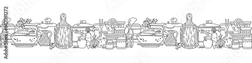 Seamless horizontal border with kitchen utensils and vegetables. Vector illustration for menu decoration. Transparent background.