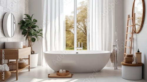 Spacious modern bathroom  Bathroom interior and bathtubs at house.