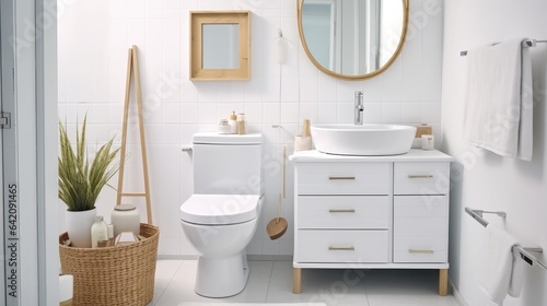 Modern bathroom interior, Ceramic toilet bowl with shelving unit.