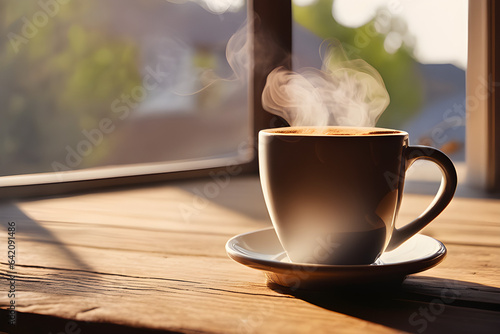 cup of coffee on a table with steam coming out from the cup