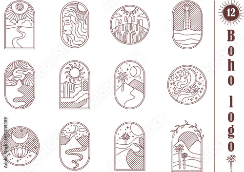 boho logo cactus. Set of different desert, mountain, river, nature aestethic icons.