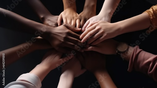 Multicultural joining of hands  Support group meeting  Togetherness  Top view.