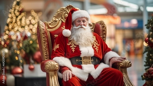 Photorealistic illustration, santa claus sitting on his throne in a shopping mall, ready to recieve children asking for presents during Christmas. Christmas illustration.