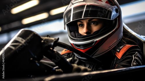 Portrait of a professional woman sports car racer in a helmet driving auto on the track.