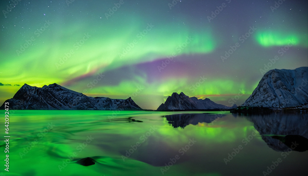 Aurora borealis on the Lofoten islands, Norway. Green northern lights above mountains. Night sky with polar lights. Night winter landscape with aurora and reflection on the water surface. Norway-image