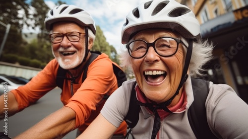 Happy retired people in protective helmets are riding bike together exploring city.