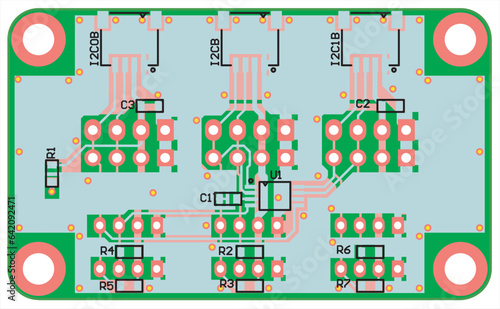 Vector printed circuit board of an electronic 
device with components of radio elements, 
conductors and contact pads placed on it. 
Engineering drawing.