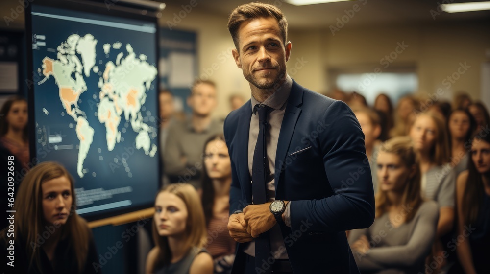 Speaker standing in front of an attentive audience in the classroom. Speaker standing in front of an attentive audience in the classroom.