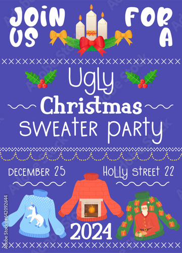 ugly sweater party invitation. Christmas winter sweaters with different ridiculos design, DIY vibe.