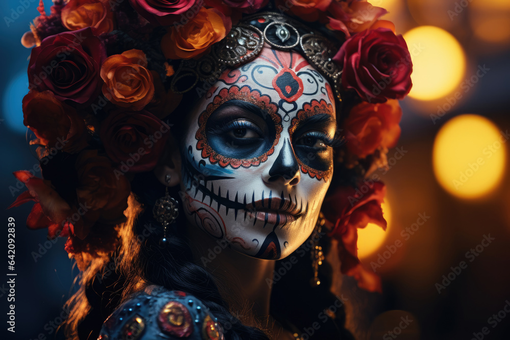 Mexican woman in spooky la muerta makeup and hat with flowers