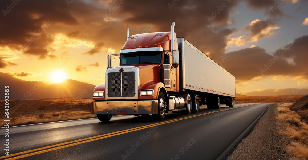 Semi-truck speeding on the highway at sunset.
