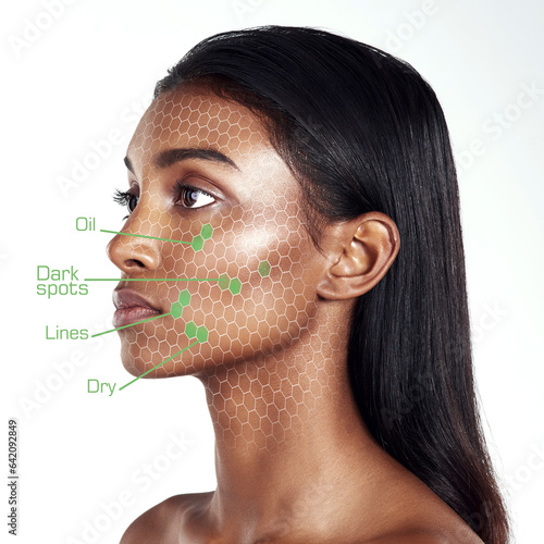 Skincare, science and face of woman in studio with skin cell, cosmetics and overlay on white background. Beauty, genetics and female model with facial projection for oil, dark spots and fine lines