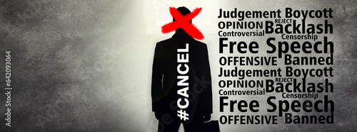 Cancel culture, man or boycott with censor to silence opinion, stop protest or shaming. Abstract, silhouette or text overlay for censorship, judgement and social media backlash or mockup banner space