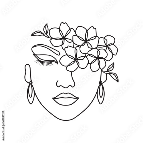 Beautiful women s flowers head line art  eyelash and eyebrow earring beauty salon logo and icon linear artwork.
