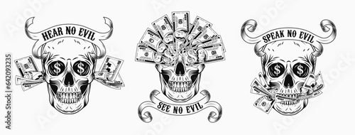 Labels with skull, cash money, 100 dollar bills, dollar sign, vintage ribbon. Creative interpretation of Three wise monkeys. Text See, hear, speak no evil. Corruption concept. White background