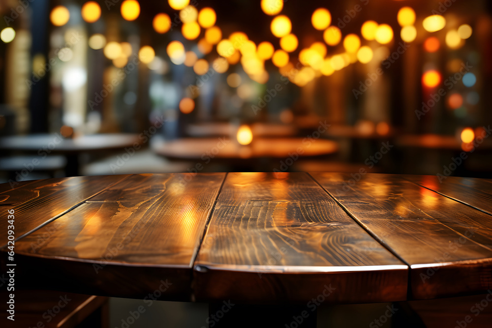 Empty wooden table and pub or bar blur background with bokeh light Empty wooden table and pub or bar blur background with bokeh light