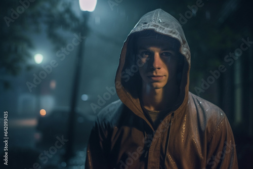 cinematic shot of a guy in a hood on the street late at night