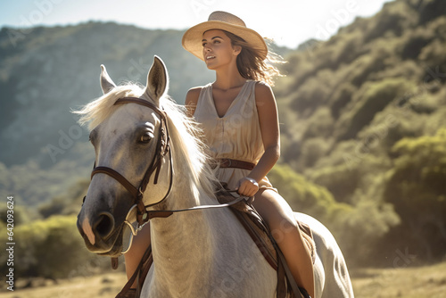 Beautiful girl in a hat rides on a horse