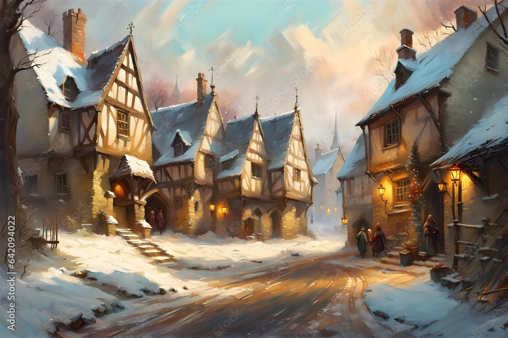 winter scene with snow falling on a medieval village street with ancient timber famed houses - obrazy, fototapety, plakaty 